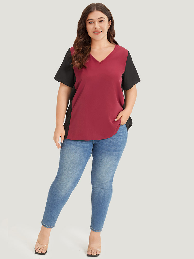 

Plus Size Multicolor Colorblock Contrast Patchwork V Neck Blouse Women Elegant Short sleeve V-neck Dailywear Blouses BloomChic