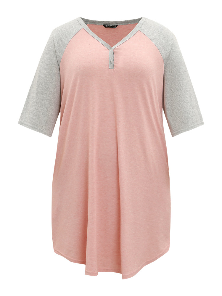Colorblock Contrast Button Up Raglan Sleeve Pocket Sleep Dress BloomChic 