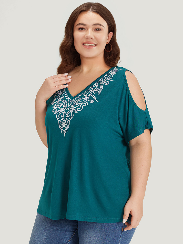 

Plus Size Silhouette Floral Print Embroidered Ruffle Cold Shoulder T-shirt Cyan Deep V-neck Short sleeve Elegant Jersey Tops