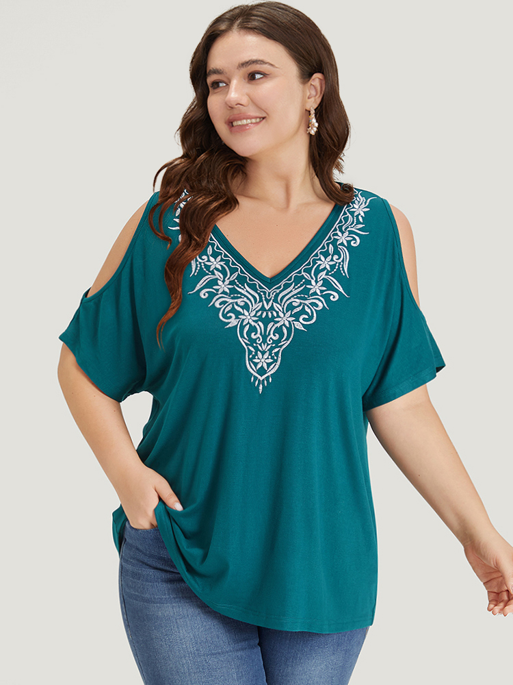 

Plus Size Silhouette Floral Print Embroidered Ruffle Cold Shoulder T-shirt Cyan Deep V-neck Short sleeve Elegant Jersey Tops