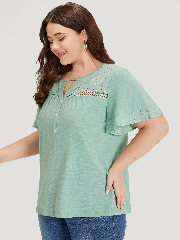 

Plain Button Detail Embroidered Keyhole Ruffle Sleeve T-shirt, Mint