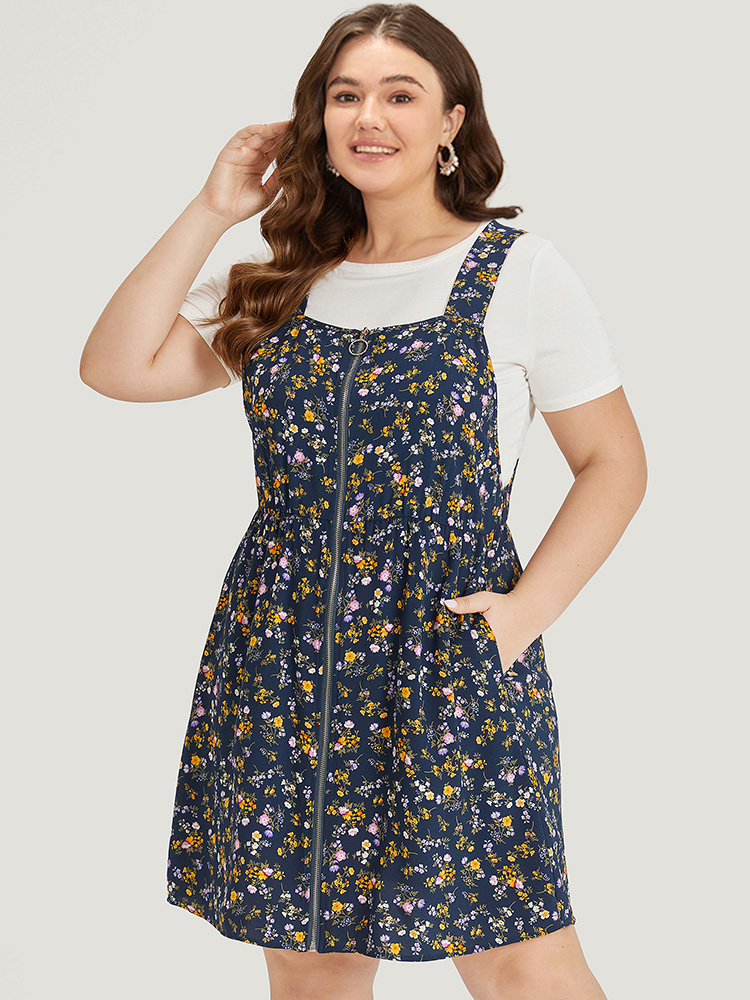 Plus Size Ditsy Floral Pocket Zipper Overall Cami Dress Navy Women Casual Zipper Spaghetti Strap Sleeveless Curvy Knee Dress BloomChic 28/5X 