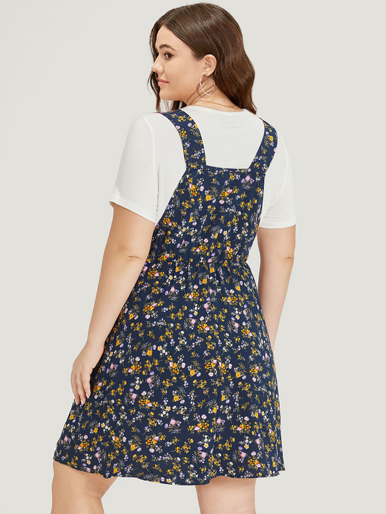 Plus Size Ditsy Floral Pocket Zipper Overall Cami Dress Navy Women Casual Zipper Spaghetti Strap Sleeveless Curvy Knee Dress BloomChic 28/5X 