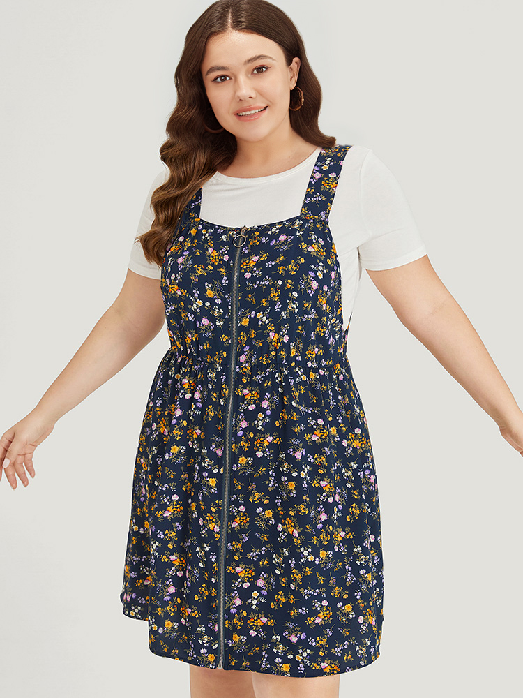 Plus Size Ditsy Floral Pocket Zipper Overall Cami Dress Navy Women Casual Zipper Spaghetti Strap Sleeveless Curvy Knee Dress BloomChic 28/5X 