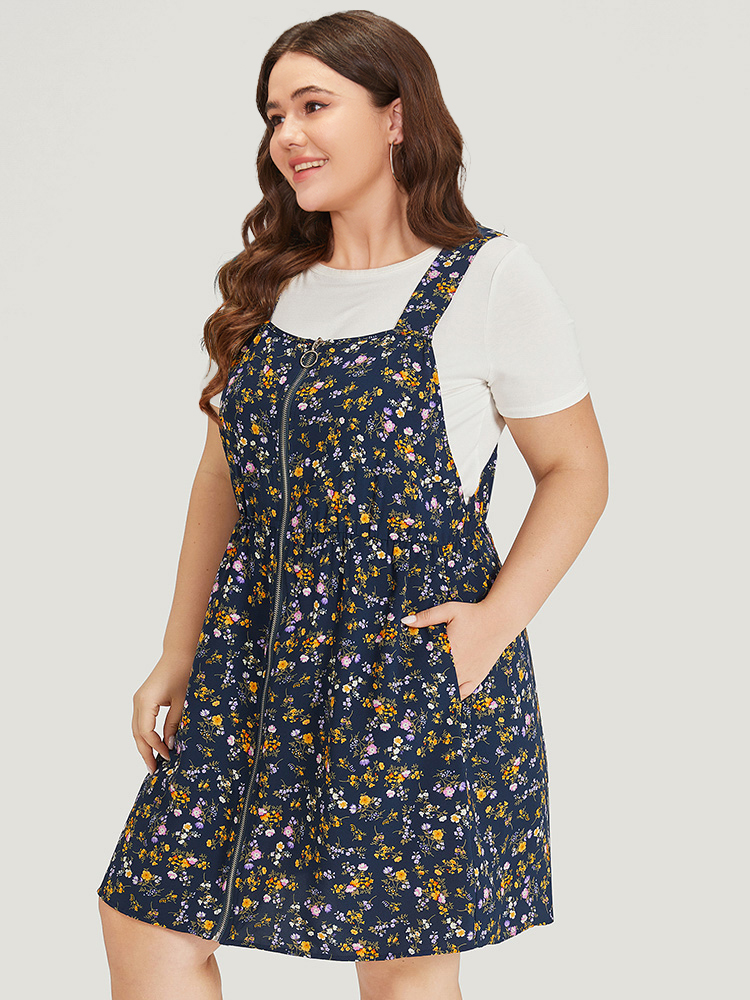 Plus Size Ditsy Floral Pocket Zipper Overall Cami Dress Navy Women Casual Zipper Spaghetti Strap Sleeveless Curvy Knee Dress BloomChic 28/5X 