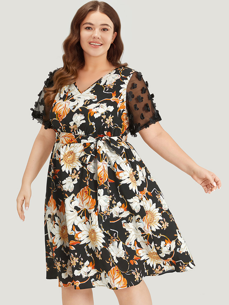 Plus Size Floral Print Mesh Pocket Belted Patchwork Dress Black Women Glamour Belted V-neck Short sleeve Curvy Knee Dress BloomChic 18-20/2X 