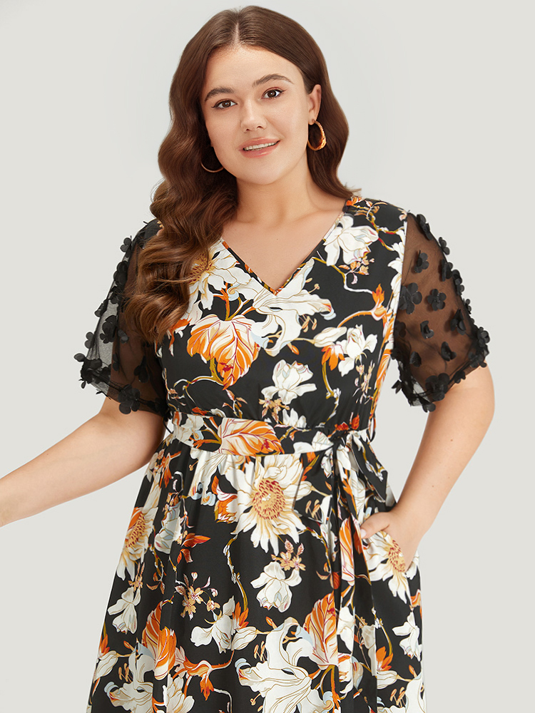 Plus Size Floral Print Mesh Pocket Belted Patchwork Dress Black Women Glamour Belted V-neck Short sleeve Curvy Knee Dress BloomChic 18-20/2X 