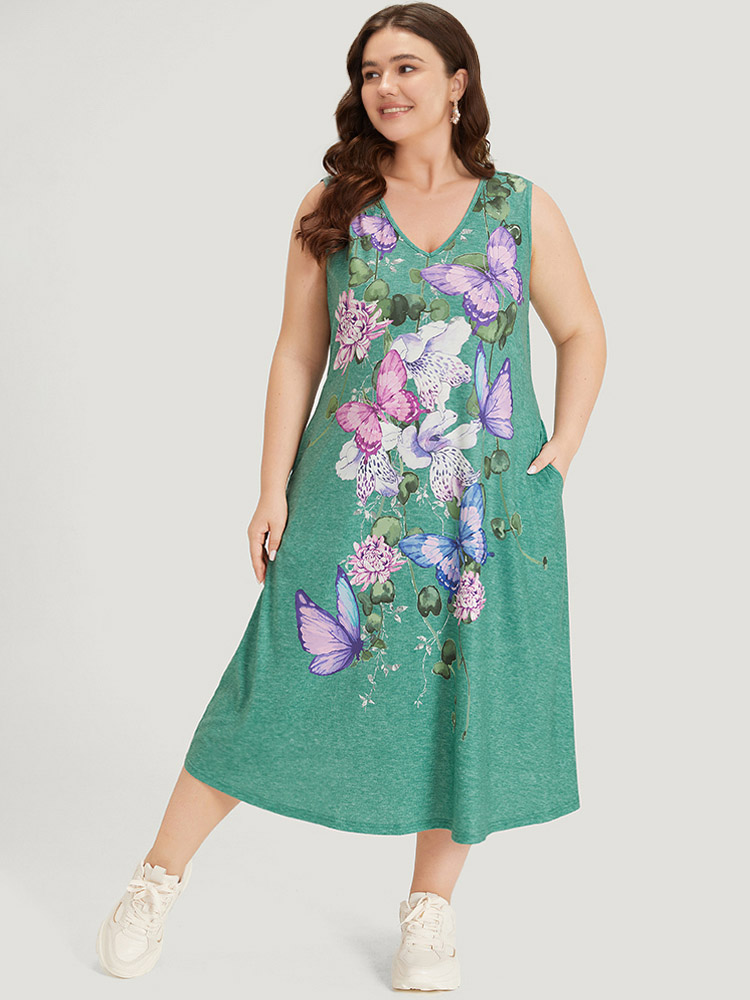 

Plus Size Floral & Butterfly Print V Neck Pocket Tank Dress Mint Women Casual Printed V-neck Sleeveless Curvy Midi Dress BloomChic