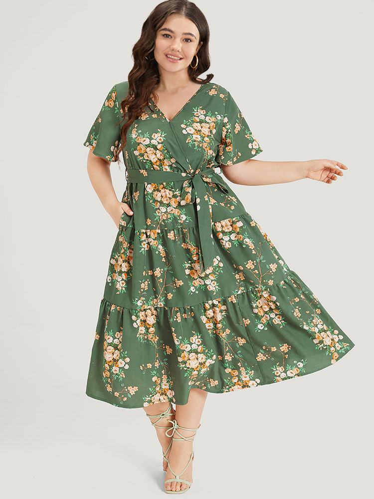 

Plus Size Floral Print Wrap Belted Pocket Ruffle Hem Dress Green Women Elegant Lined V-neck Short sleeve Curvy Midi Dress BloomChic