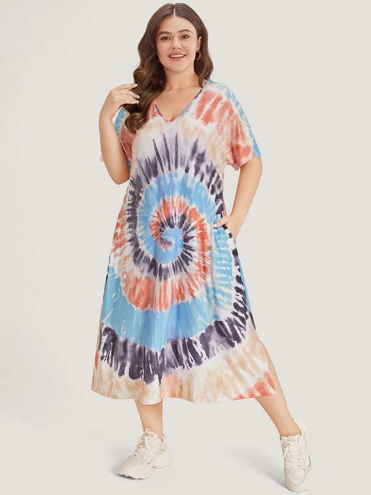 

Plus Size Tie Dye Pocket Split Side Dolman Sleeve Dress Multicolor Women Casual Tie Dye V-neck Short sleeve Curvy Midi Dress BloomChic