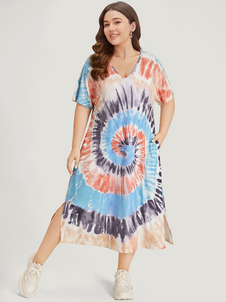 

Plus Size Tie Dye Pocket Split Side Dolman Sleeve Dress Multicolor Women Casual Tie Dye V-neck Short sleeve Curvy Midi Dress BloomChic