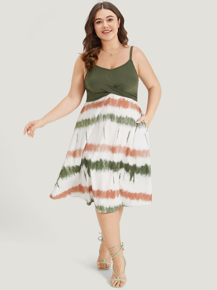 

Plus Size Supersoft Essentials Tie Dye Patchwork Pocket Crossover Cami Dress ArmyGreen Women Elegant Texture Spaghetti Strap Sleeveless Curvy Midi Dress BloomChic