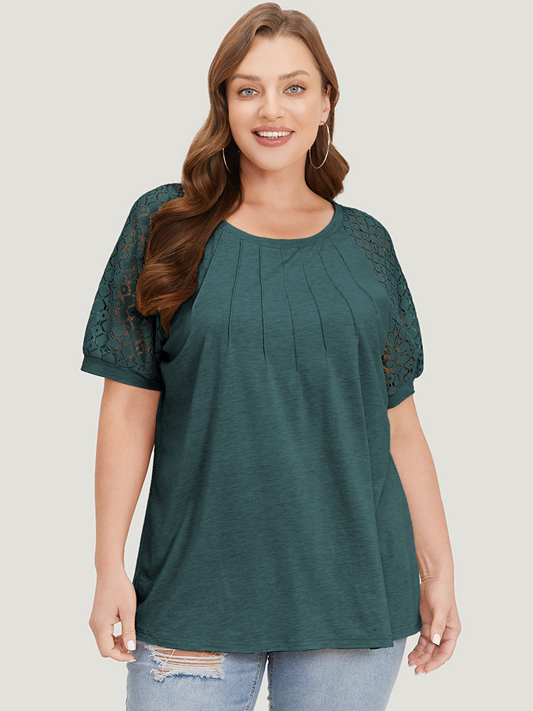 

Plus Size Solid Lace Raglan Sleeve Pleated T-shirt Cyan Round Neck Short sleeve Casual Jersey Tops