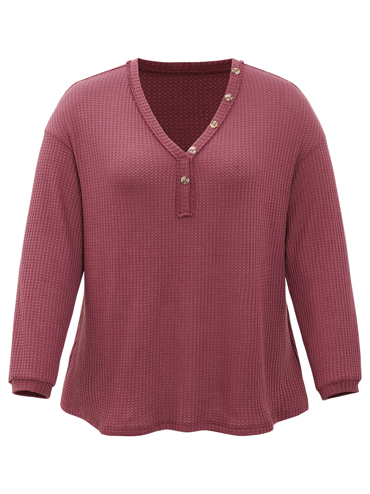 

Plus Size Waffle Knit Button Detail V Neck T-shirt Russet Women Casual Elastic cuffs Plain V-neck Dailywear T-shirts BloomChic