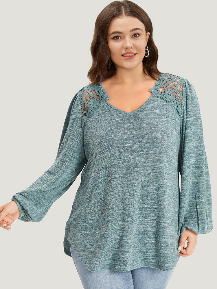 

Plus Size Lace Insert Curved Hem Lantern Sleeve Sweatshirt Women Cyan Elegant Elastic cuffs V-neck Dailywear Sweatshirts BloomChic