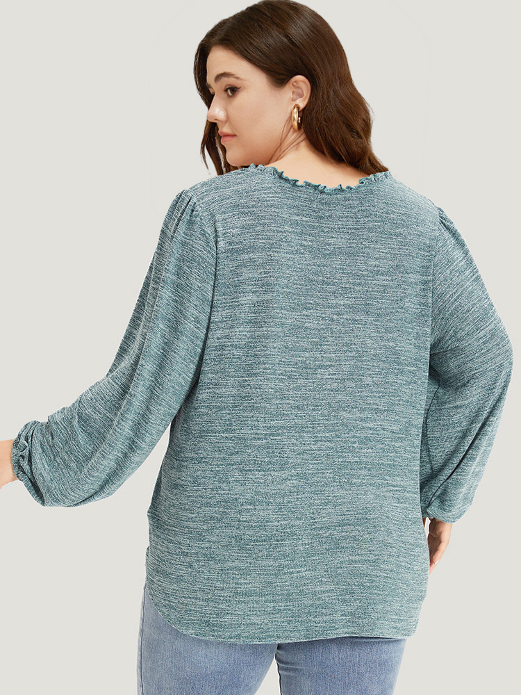 

Plus Size Lace Insert Curved Hem Lantern Sleeve Sweatshirt Women Cyan Elegant Elastic cuffs V-neck Dailywear Sweatshirts BloomChic