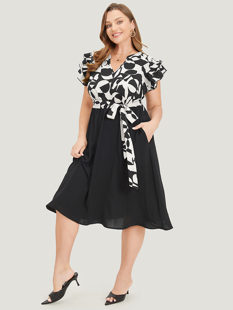 Plus Size Women Work Plain Plain Sleeveless Cap Sleeve Notched collar Pocket Belt Office Dresses BloomChic 