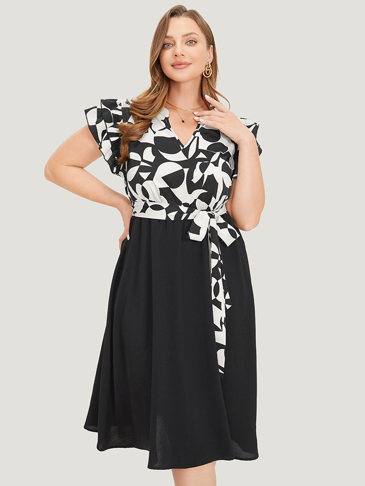 Plus Size Women Work Plain Plain Sleeveless Cap Sleeve Notched collar Pocket Belt Office Dresses BloomChic 