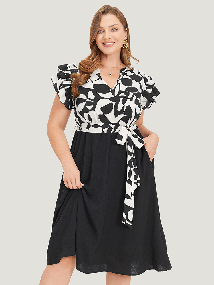 

Plus Size Geometric Pocket Belted Ruffle Sleeve Notched Dress White Women Office Plain Notched collar Cap Sleeve Curvy Midi Dress BloomChic