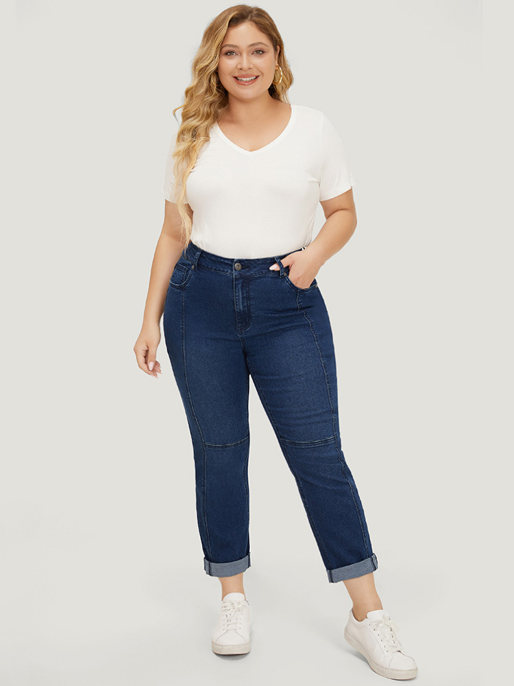 Plus Size Women Dailywear Patchwork High stretch Straight Leg Dark Wash Casual Jeans BloomChic 
