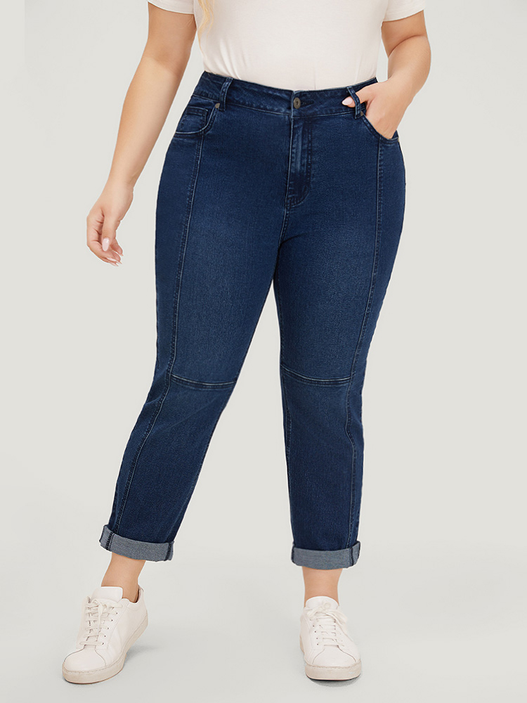 Plus Size Women Dailywear Patchwork High stretch Straight Leg Dark Wash Casual Jeans BloomChic 
