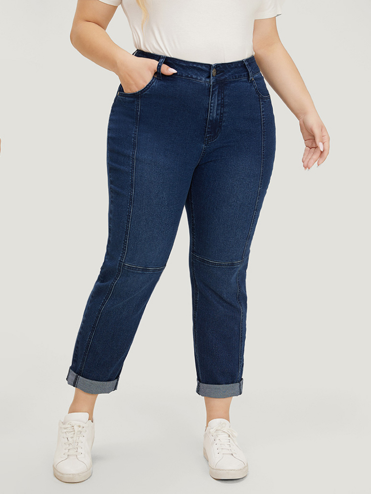 Plus Size Women Dailywear Patchwork High stretch Straight Leg Dark Wash Casual Jeans BloomChic 