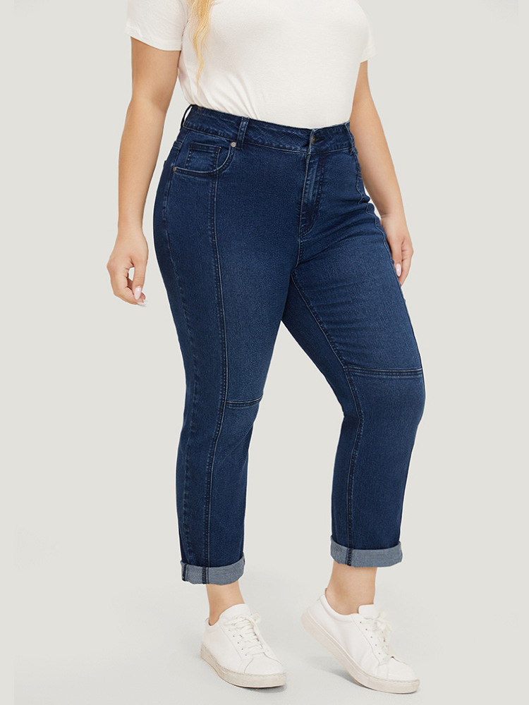 Plus Size Women Dailywear Patchwork High stretch Straight Leg Dark Wash Casual Jeans BloomChic 