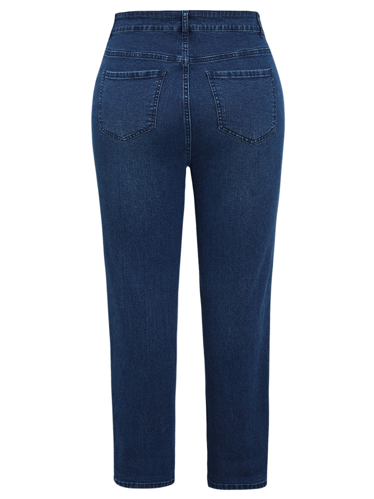 Plus Size Women Dailywear Patchwork High stretch Straight Leg Dark Wash Casual Jeans BloomChic 
