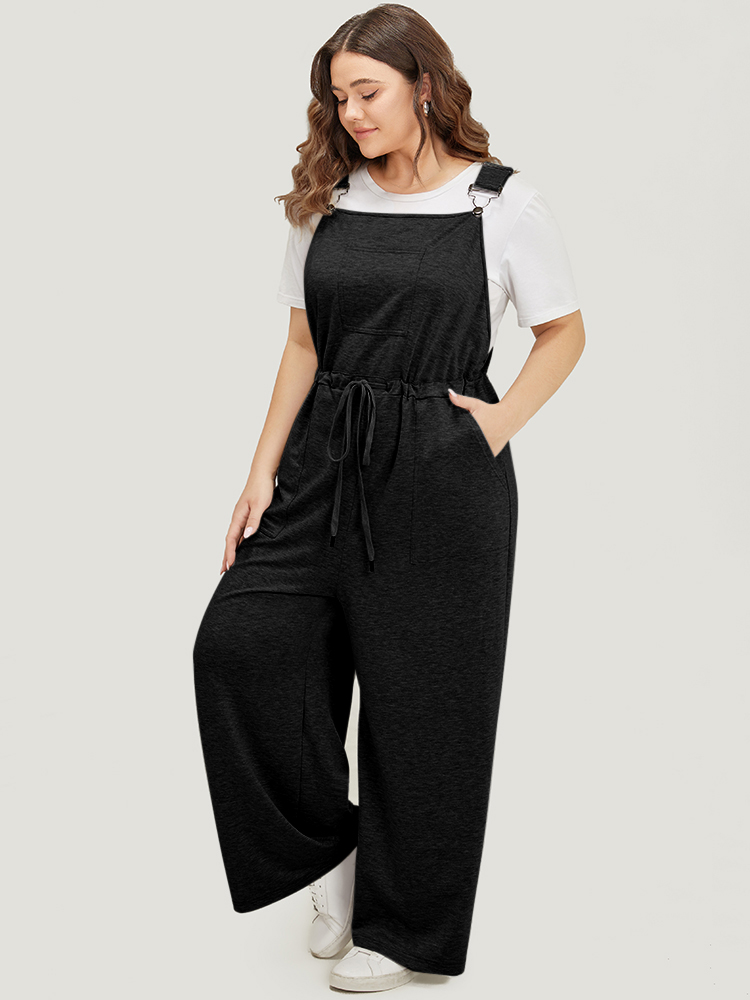 

Plus Size Black Plain Pocket Drawstring Adjustable Straps Overall Jumpsuit Women Casual Sleeveless Spaghetti Strap Dailywear Loose Jumpsuits BloomChic