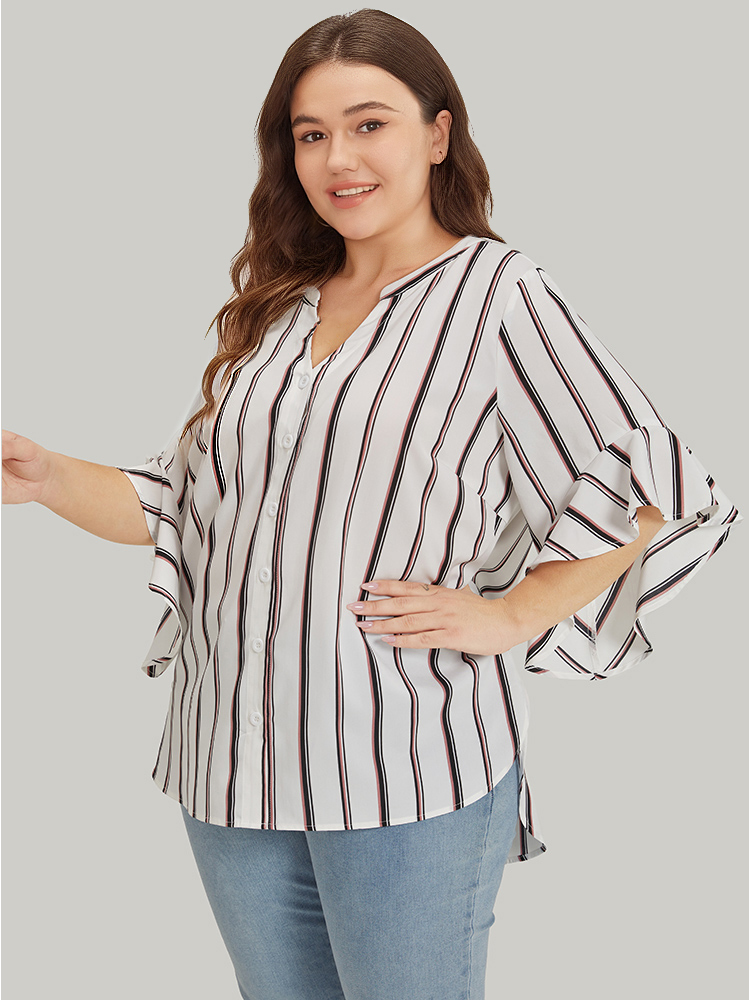 Plus Size Women Dailywear Striped Printed Bell Sleeve Elbow-length sleeve Notched collar Office Blouses BloomChic 