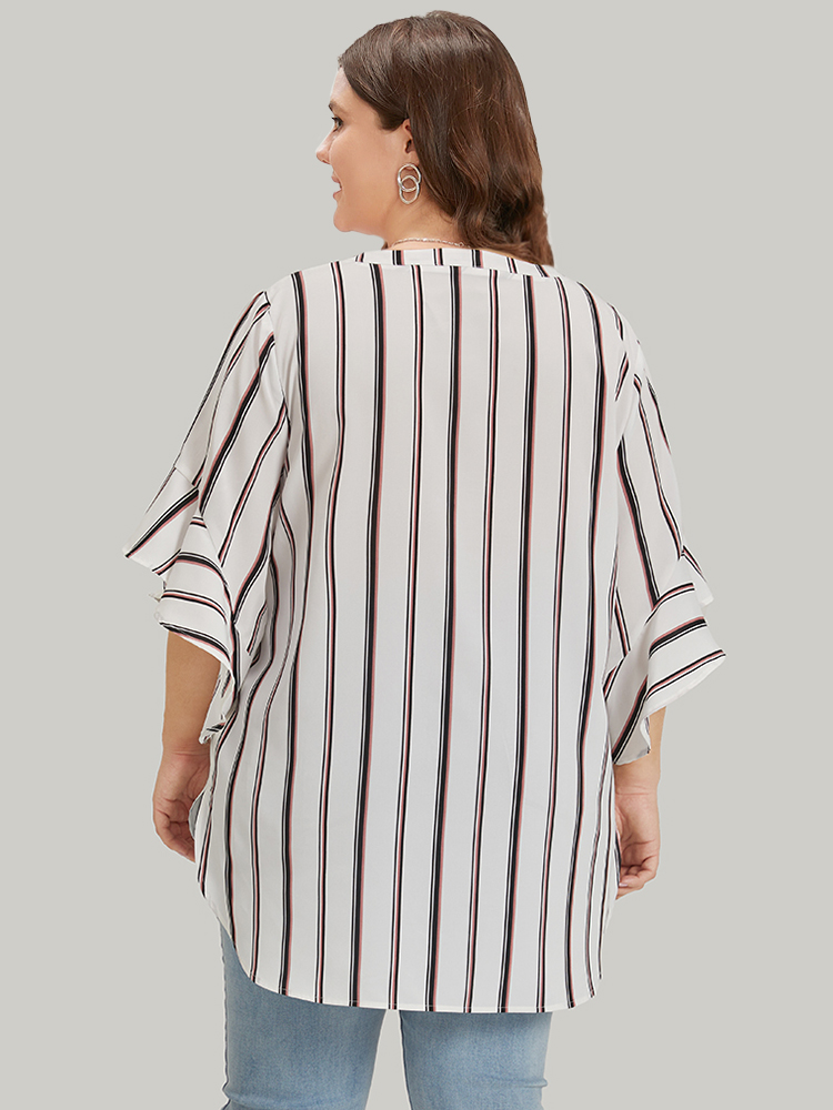 

Plus Size White Striped Contrast Notched Bell Sleeve Split Side Blouse Women Office Elbow-length sleeve Notched collar Dailywear Blouses BloomChic