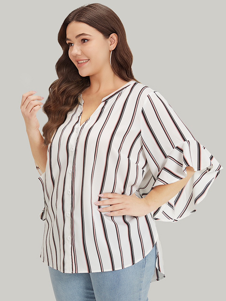 Plus Size Women Dailywear Striped Printed Bell Sleeve Elbow-length sleeve Notched collar Office Blouses BloomChic 