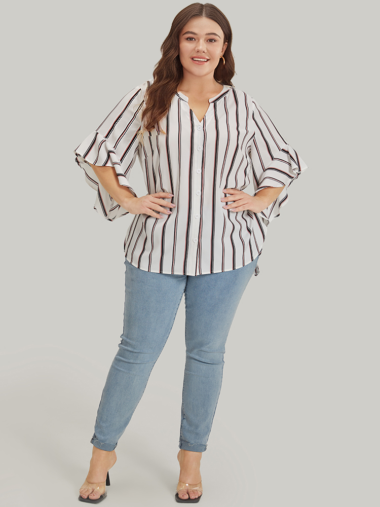 Plus Size Women Dailywear Striped Printed Bell Sleeve Elbow-length sleeve Notched collar Office Blouses BloomChic 