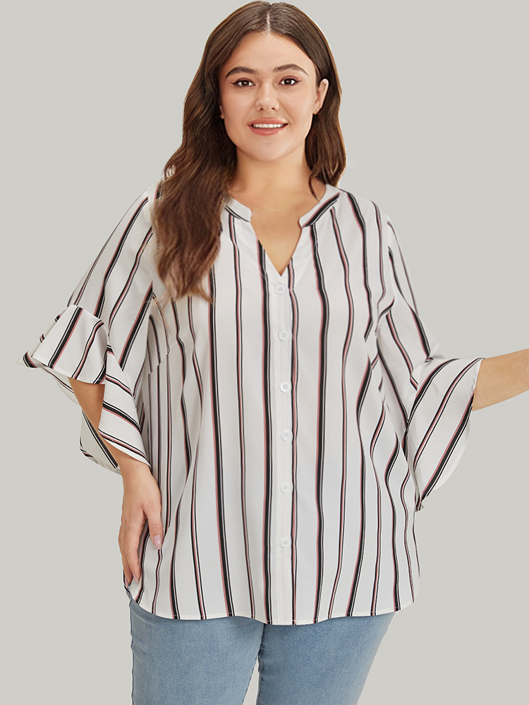 Plus Size Women Dailywear Striped Printed Bell Sleeve Elbow-length sleeve Notched collar Office Blouses BloomChic 