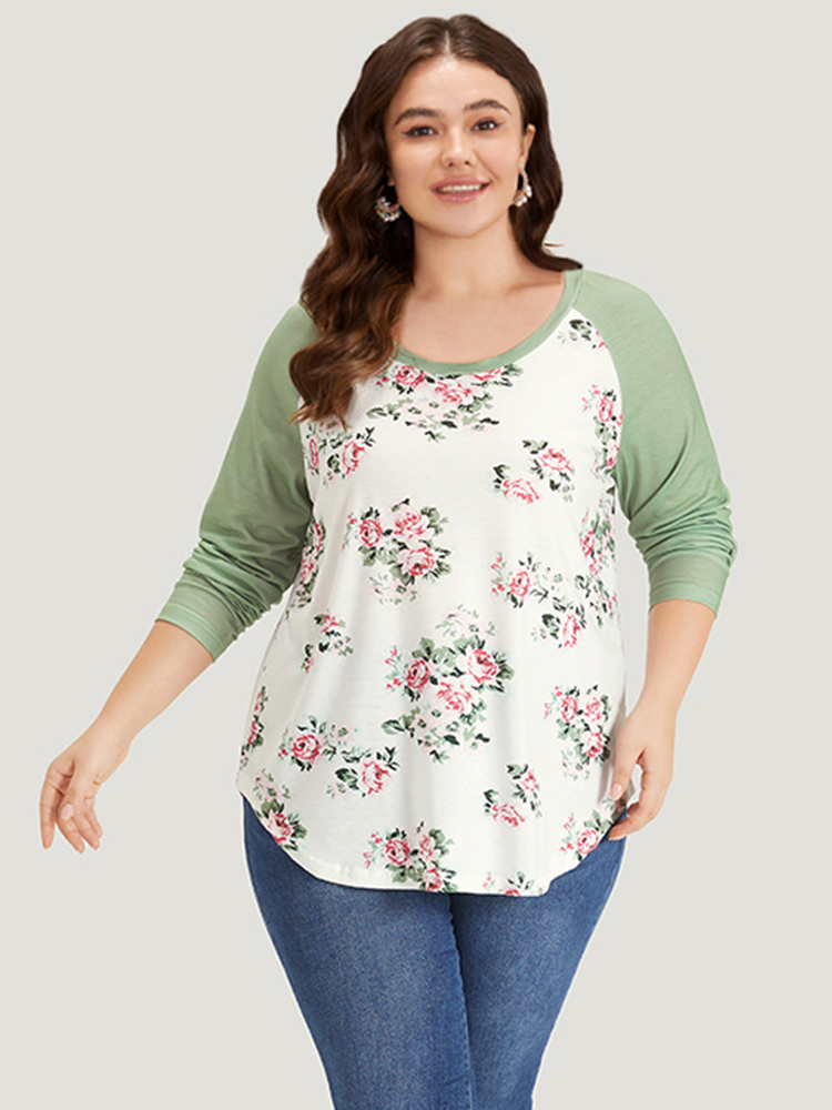 

Plus Size Floral Print Contrast Raglan Sleeve T-shirt White Women Elegant Contrast Floral Round Neck Dailywear T-shirts BloomChic