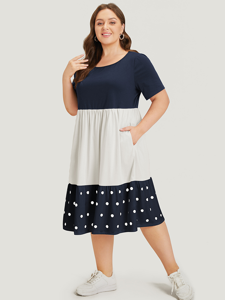 

Plus Size Colorblock Contrast Pocket Ruffles Patchwork Polka Dot Dress Navy Women Casual Contrast Round Neck Short sleeve Curvy Midi Dress BloomChic