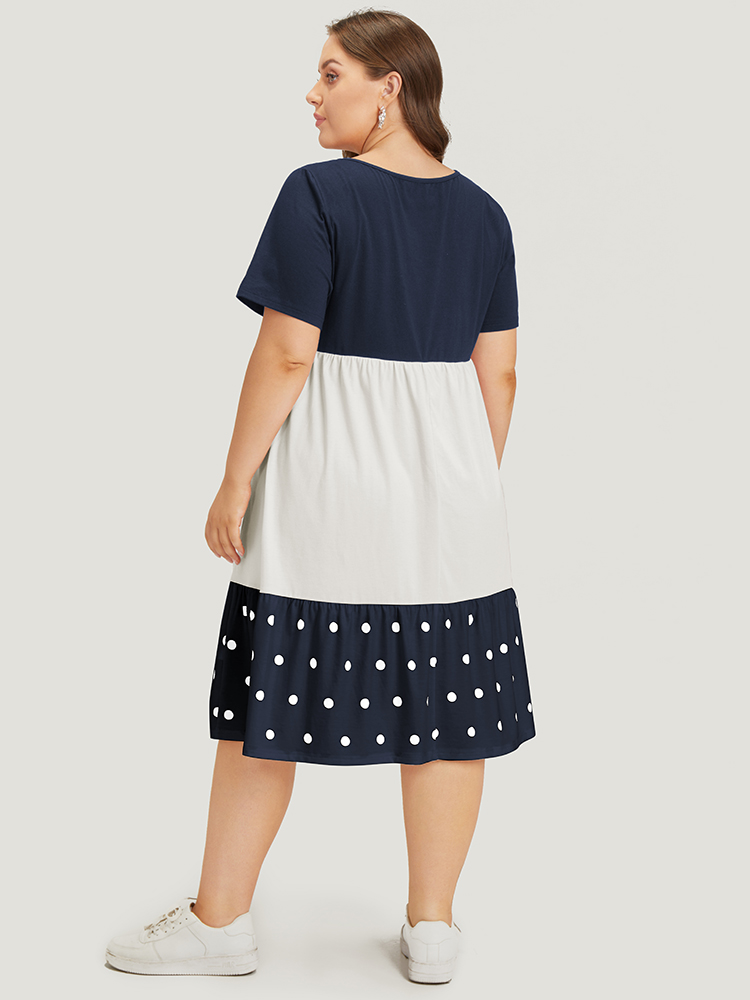Plus Size Colorblock Contrast Pocket Ruffles Patchwork Polka Dot Dress Navy Women Casual Contrast Round Neck Short sleeve Curvy Midi Dress BloomChic 14-16/1X 