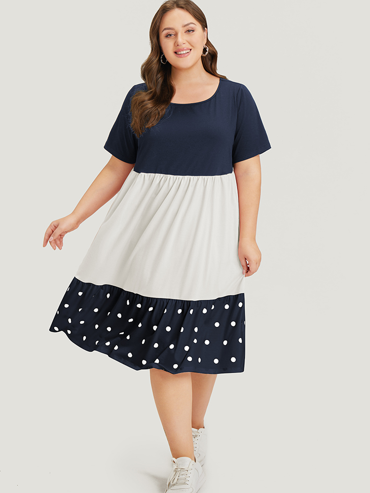 

Plus Size Colorblock Contrast Pocket Ruffles Patchwork Polka Dot Dress Navy Women Casual Contrast Round Neck Short sleeve Curvy Midi Dress BloomChic