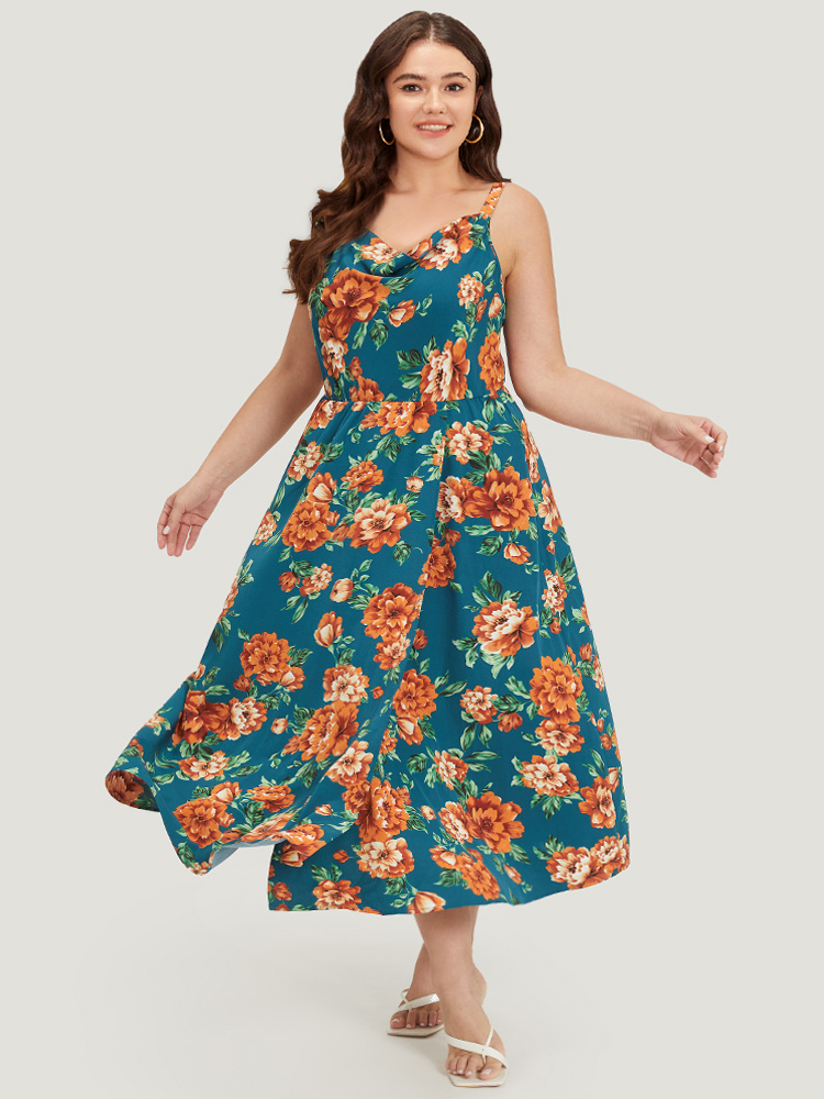 

Plus Size Floral Print Cowl Neck Pocket Cami Dress Cyan Women Elegant Adjustable Straps Spaghetti Strap Sleeveless Curvy Midi Dress BloomChic