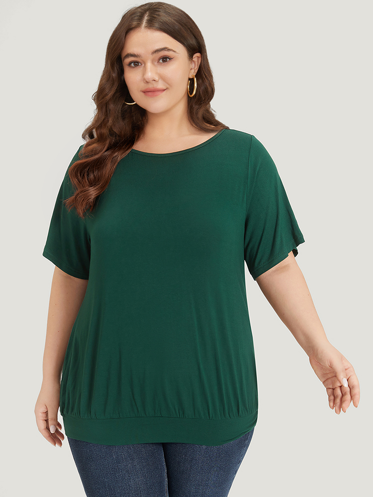 

Plus Size Solid Ruffle Sleeve Gathered Crew Neck T-shirt DarkGreen Women Elegant Gathered Plain Round Neck Dailywear T-shirts BloomChic