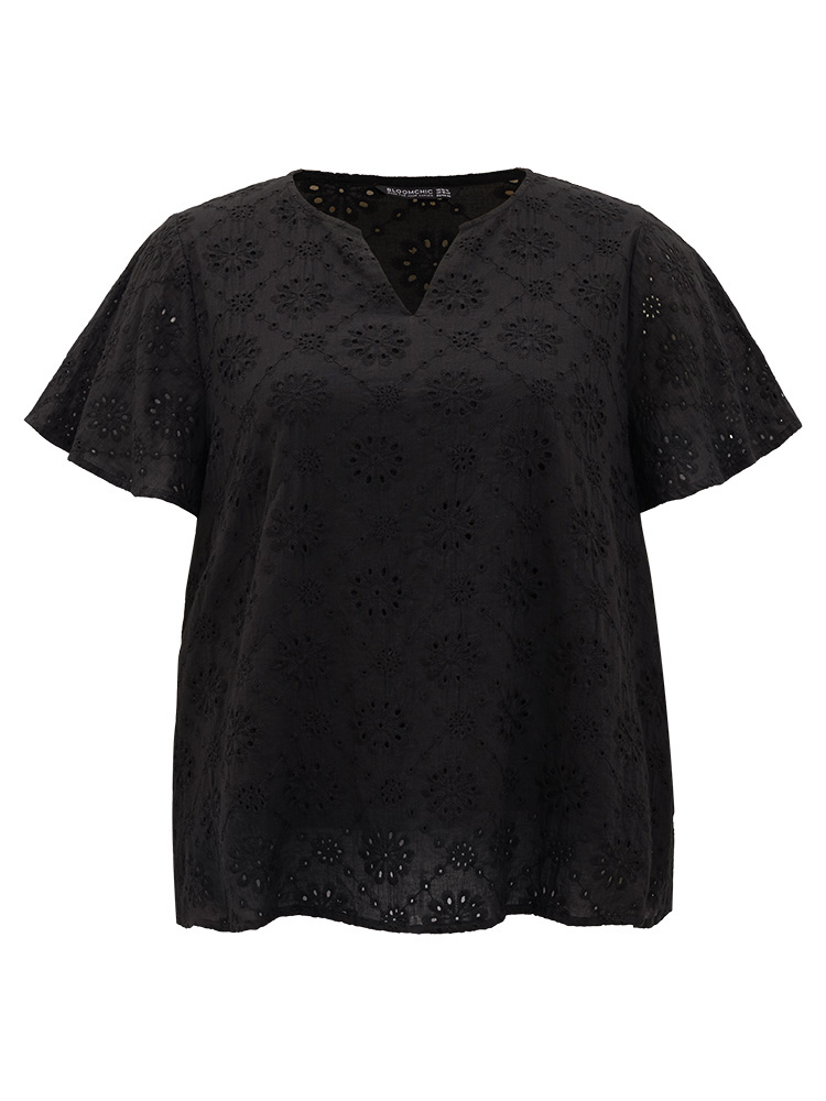 

Plus Size Black Solid Broderie Anglaise Notched Ruffle Sleeve Blouse Women Vacation Short sleeve Notched collar Dailywear Blouses BloomChic