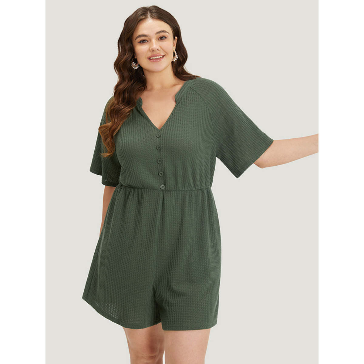 

Plus Size ArmyGreen Plain Waffle Knit Pocket Button Detail Notched Jumpsuit Women Casual Short sleeve Notched collar Dailywear Loose Jumpsuits BloomChic