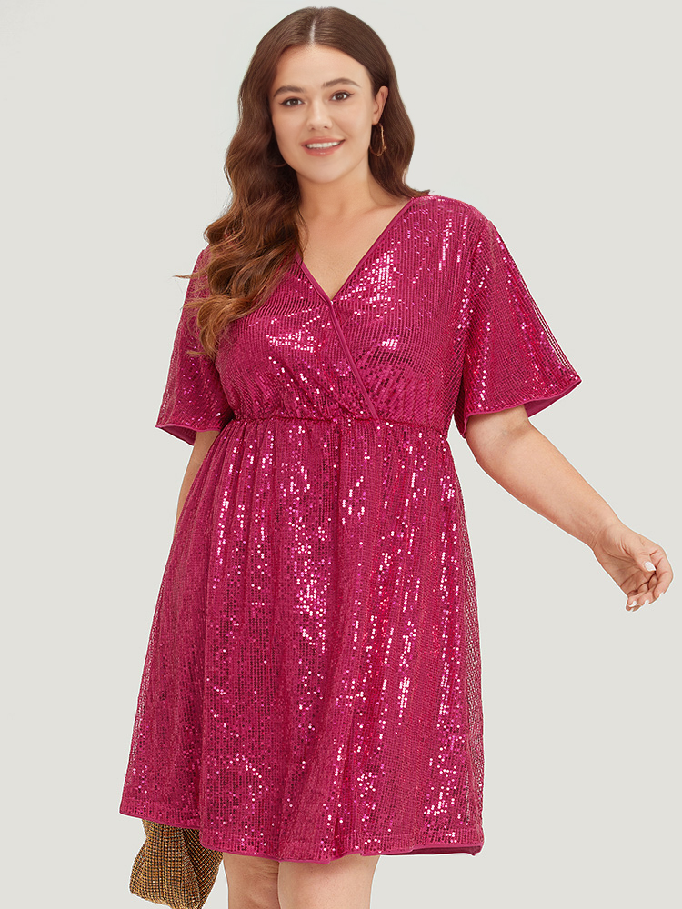 

Plus Size Sequin Overlap Collar Elastic Waist Dress RedViolet Women Party Wrap Overlap Collar Short sleeve Curvy Midi Dress BloomChic