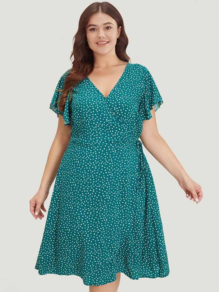 Plus Size Women Dailywear Polka Dot Cross straps Ruffle Sleeve Cap Sleeve V-neck Pocket Elegant Dresses BloomChic 