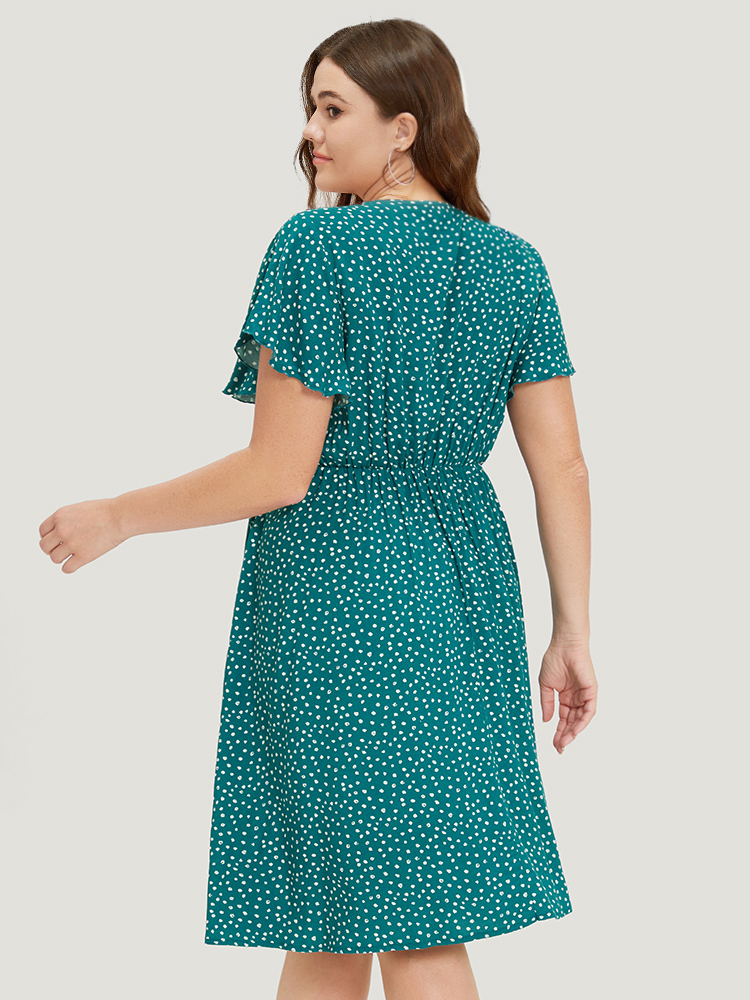 Plus Size Women Dailywear Polka Dot Cross straps Ruffle Sleeve Cap Sleeve V-neck Pocket Elegant Dresses BloomChic 