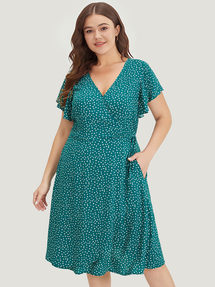 Plus Size Women Dailywear Polka Dot Cross straps Ruffle Sleeve Cap Sleeve V-neck Pocket Elegant Dresses BloomChic 