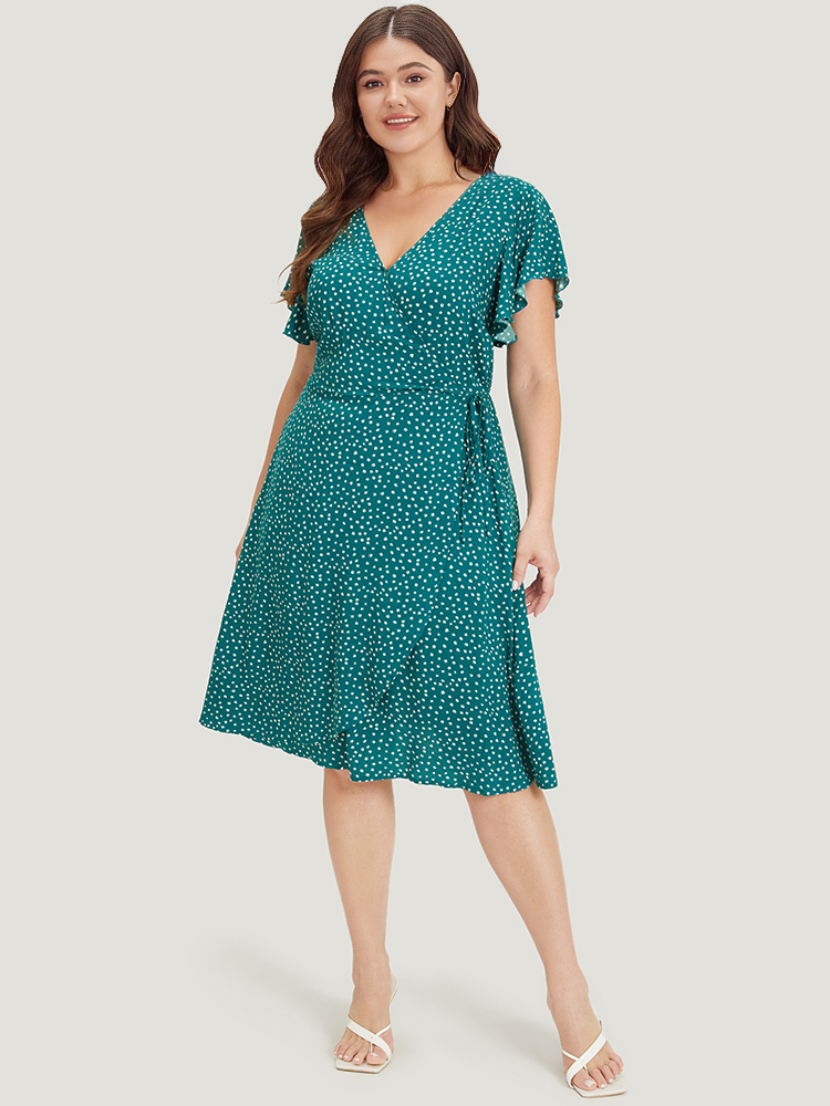 Plus Size Women Dailywear Polka Dot Cross straps Ruffle Sleeve Cap Sleeve V-neck Pocket Elegant Dresses BloomChic 