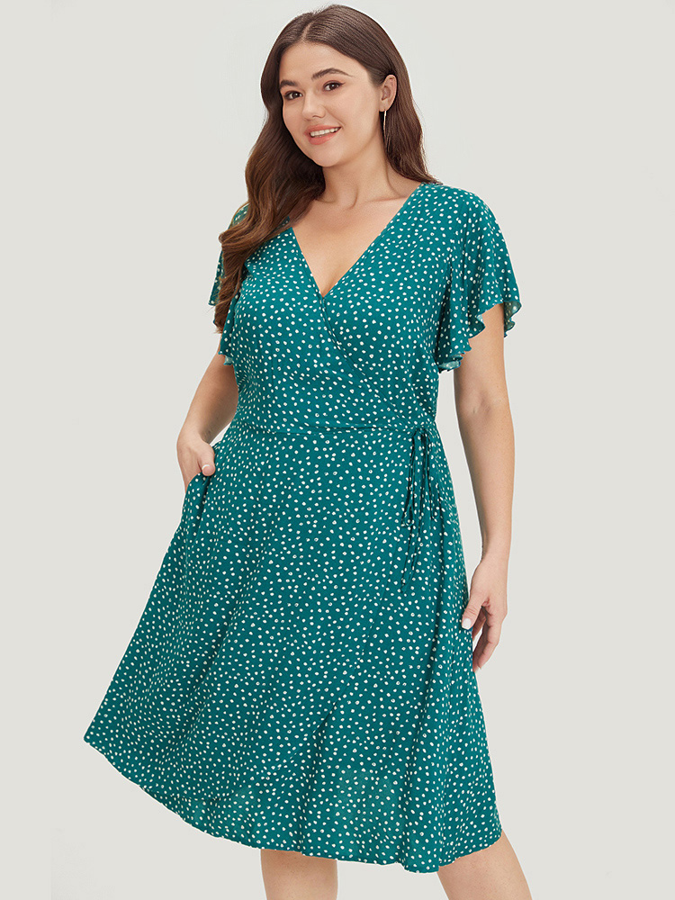 Plus Size Women Dailywear Polka Dot Cross straps Ruffle Sleeve Cap Sleeve V-neck Pocket Elegant Dresses BloomChic 