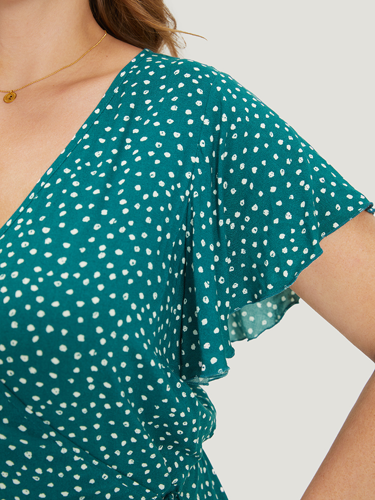 Plus Size Women Dailywear Polka Dot Cross straps Ruffle Sleeve Cap Sleeve V-neck Pocket Elegant Dresses BloomChic 