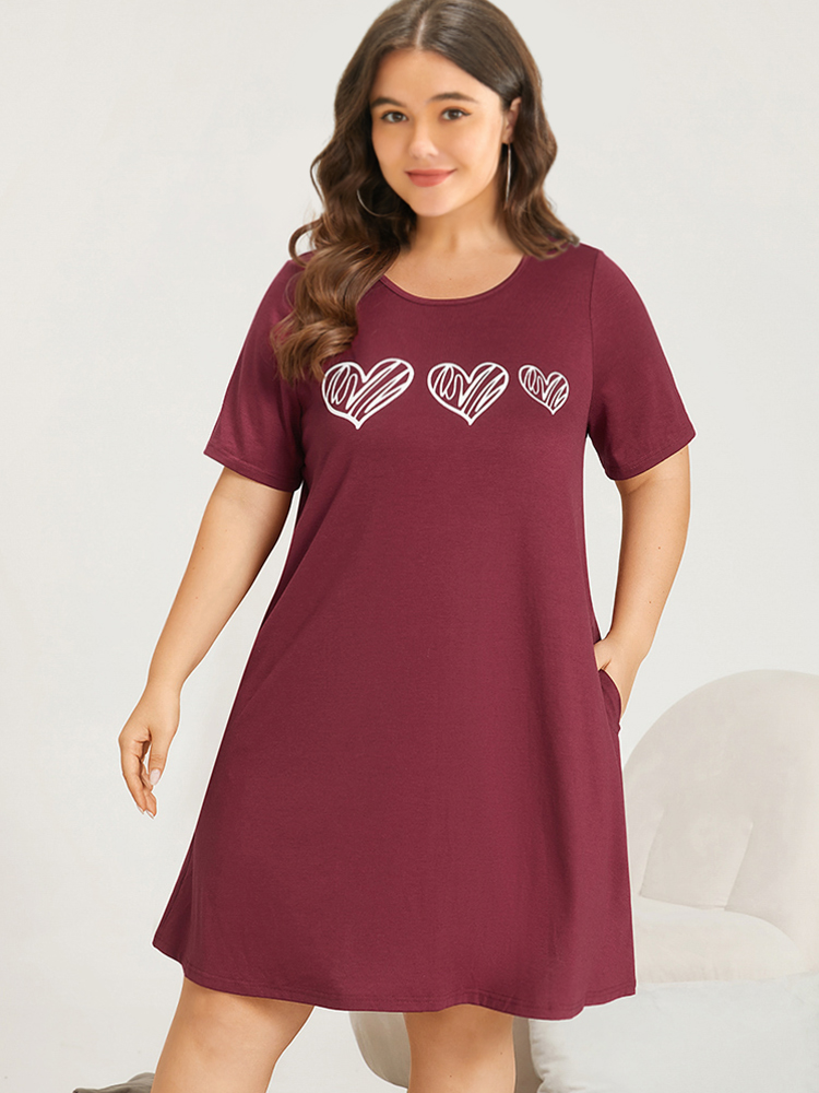 Heart Print Ruffle Hem Crew Neck Sleep Dress BloomChic 